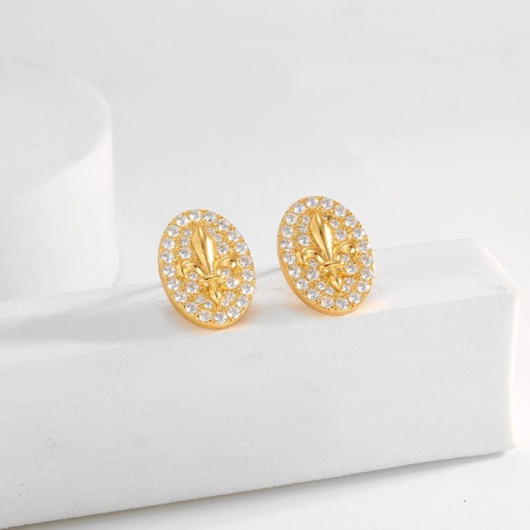 Eco-Friendly Copper Genuine Gold Plated Full Diamond Pavé Iris Flower Stud Earrings